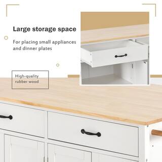 Runesay White Kitchen Island Cart with Solid Wood Top and Locking Wheels with 4 Door Cabinet and Two Drawers Spice Towel Rack EC-KIW-957