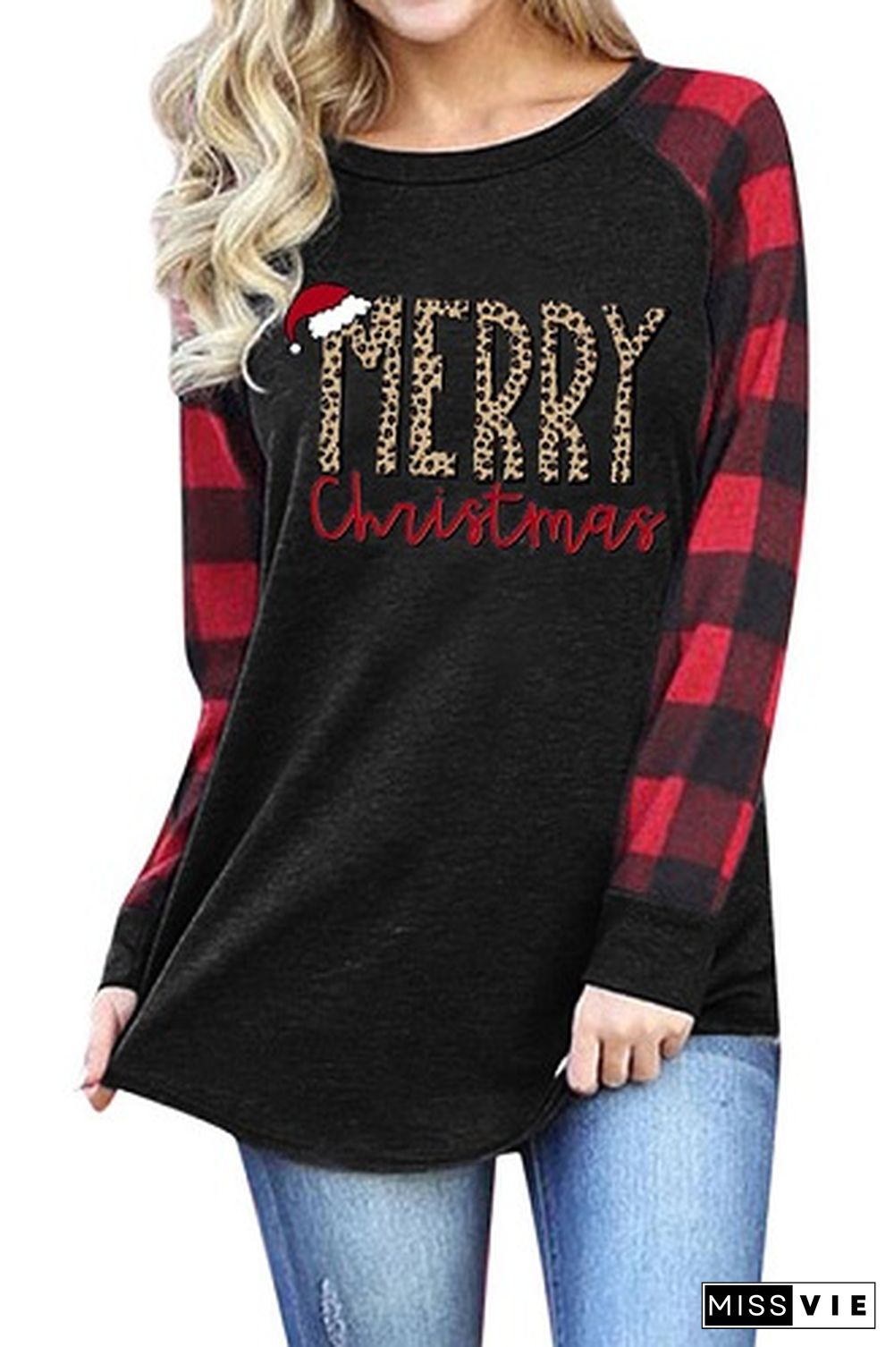 Merry Christmas Hat Printed Crew Neck Long Sleeve T-shirt 002