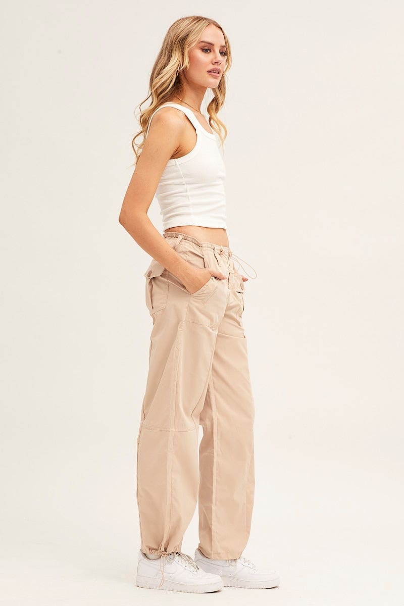 Beige Pants Strap Waist Cargo