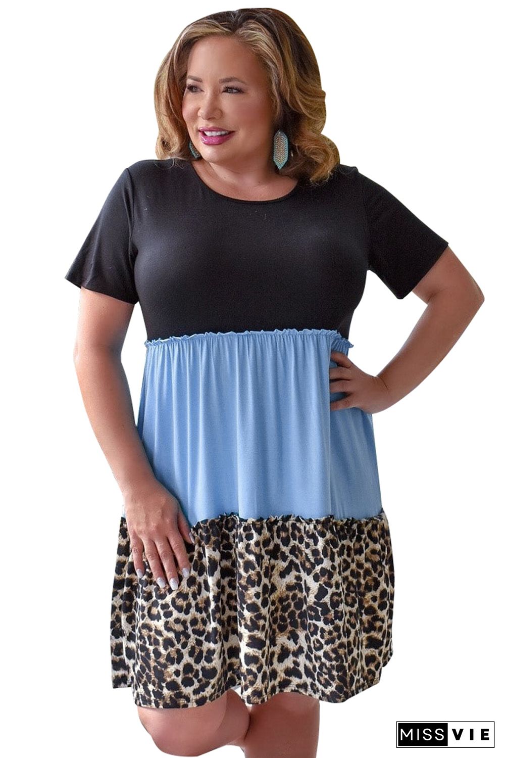 Sky Blue Colorblock Leopard Patchwork T Shirt Plus Size Dress