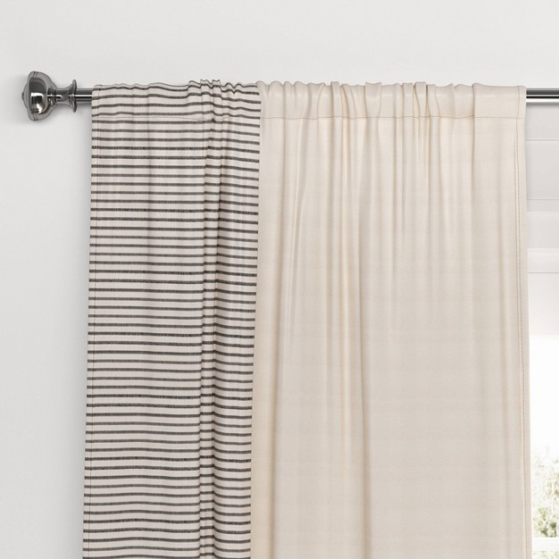 Blackout Woven Stripe Border Window Curtain Panel Black