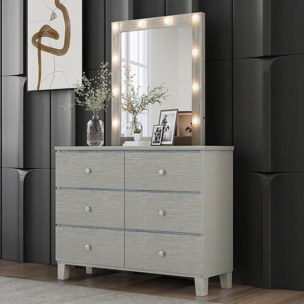 Wood Dresser and Mirror with 6 Drawers，LED Lights Mirror - - 37857321