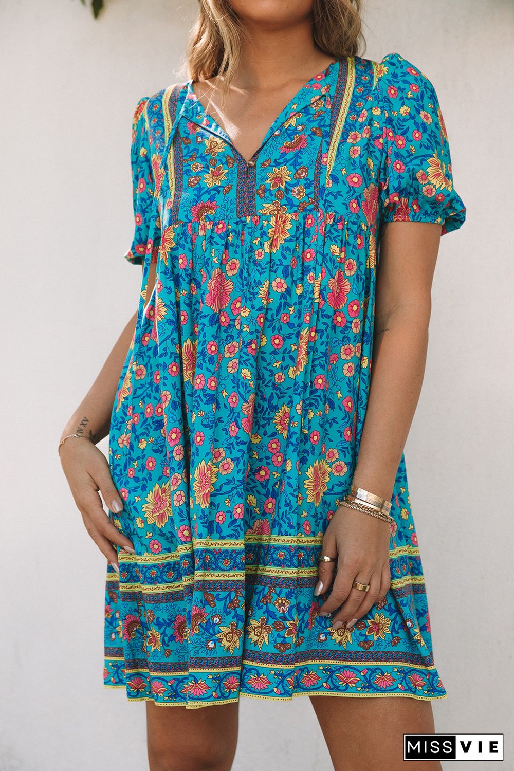 Blue Floral Print Empire Waist Flowy Dress