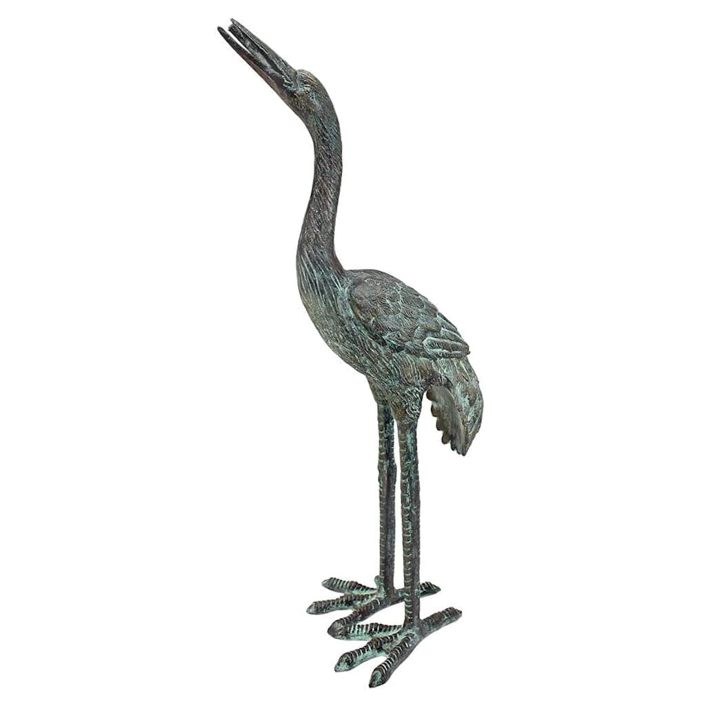 Small Bronze Straight Neck Crane Piped Garden Statue by Design Toscano