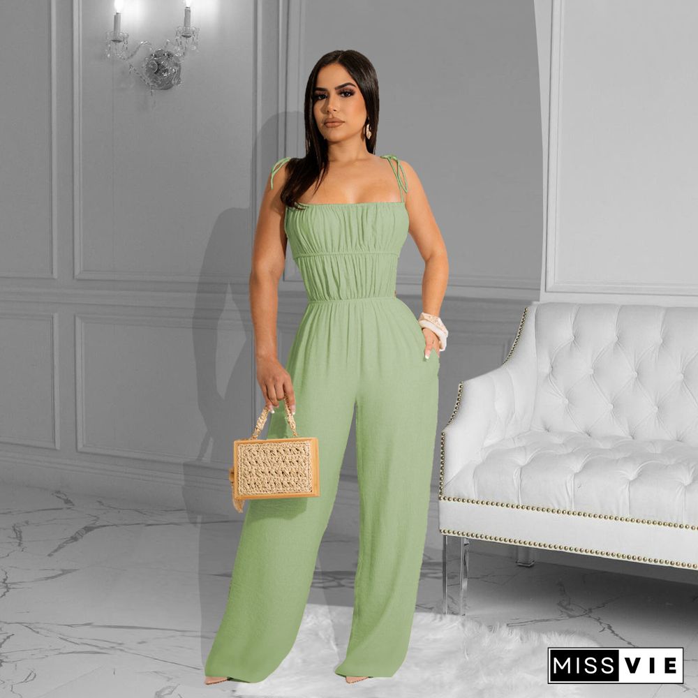 Solid Spaghetti Strap Wide Leg Loose Jumpsuits