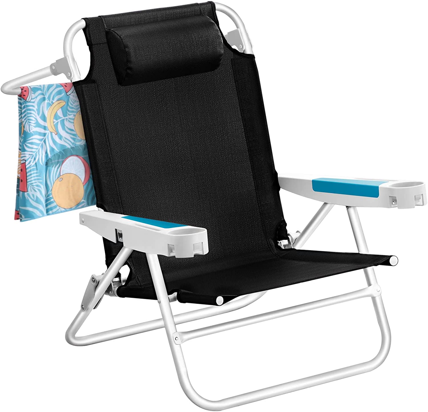 ICECO Reclining Beach Chair， XL 5-Position Backpack Beach Chair， Black