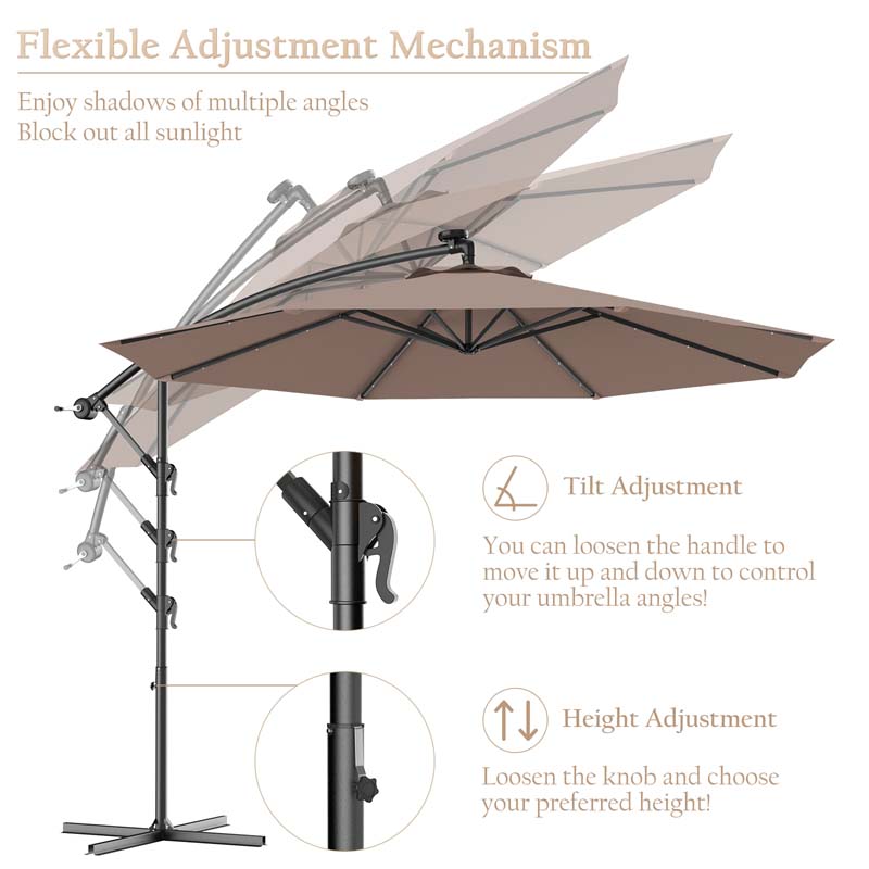 10 FT Offset Patio Umbrella with Solar LED Lights & Cross Base, Large Outdoor Cantilever Umbrella for Sun Rain