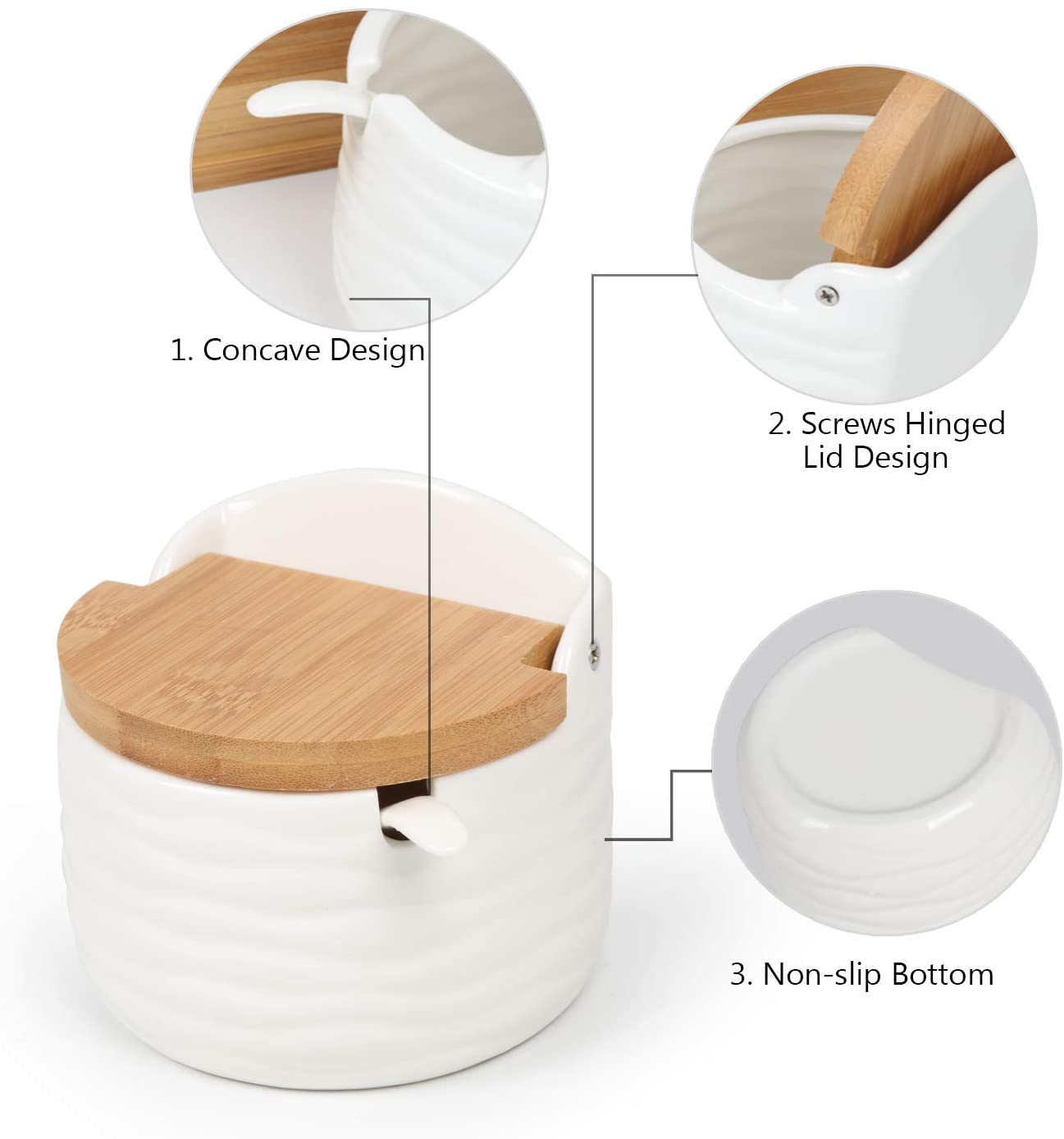 NEX White Ceramic Sugar Bowls， Set of 3 with Bamboo Lids and Spoon