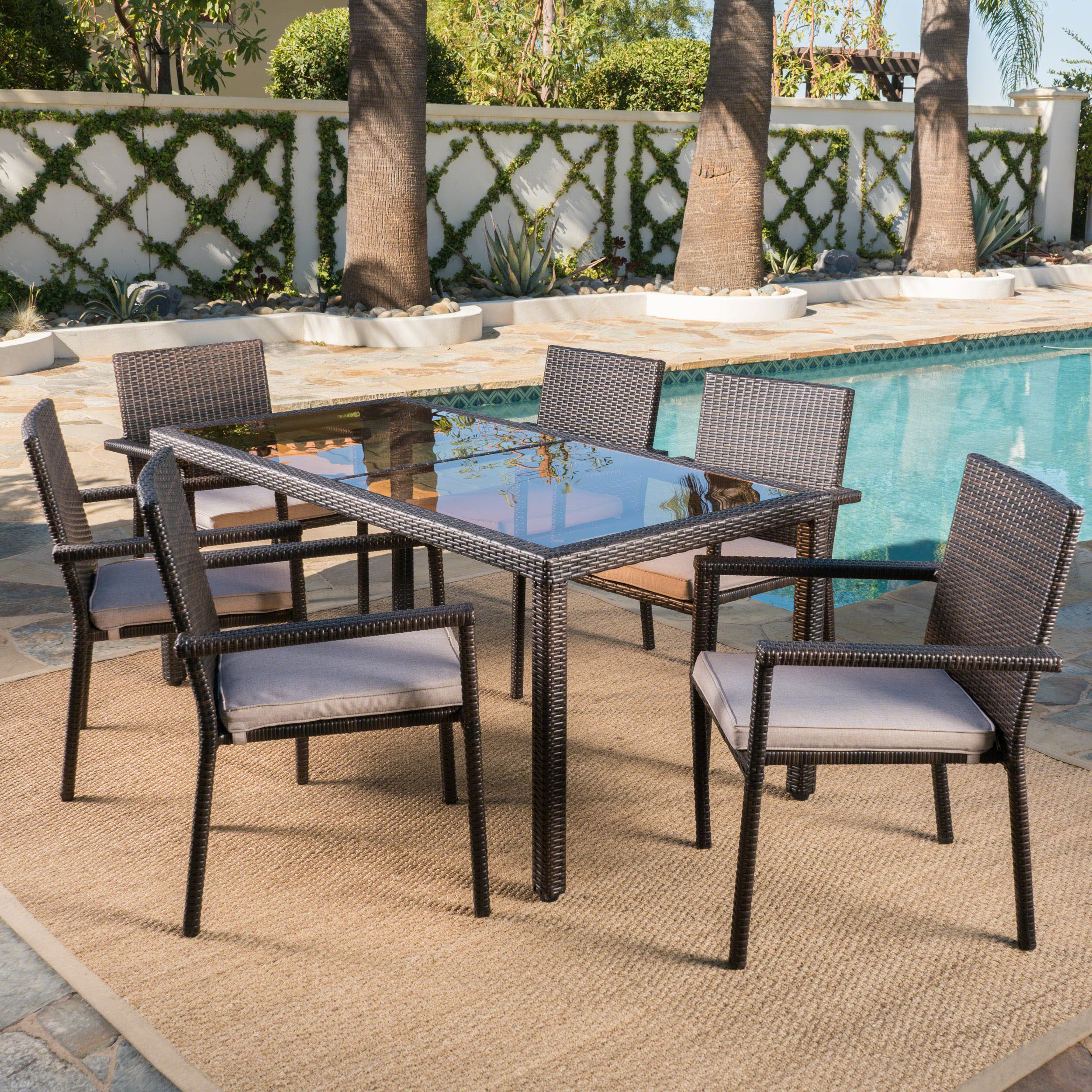 San Simeon Outdoor 7 Piece Wicker Dining Set with Water Resistant Cushions