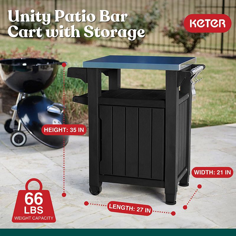 Keter Unity 40 Gal Patio Storage Grilling Bar Cart W/ Stainless Steel Top， Grey