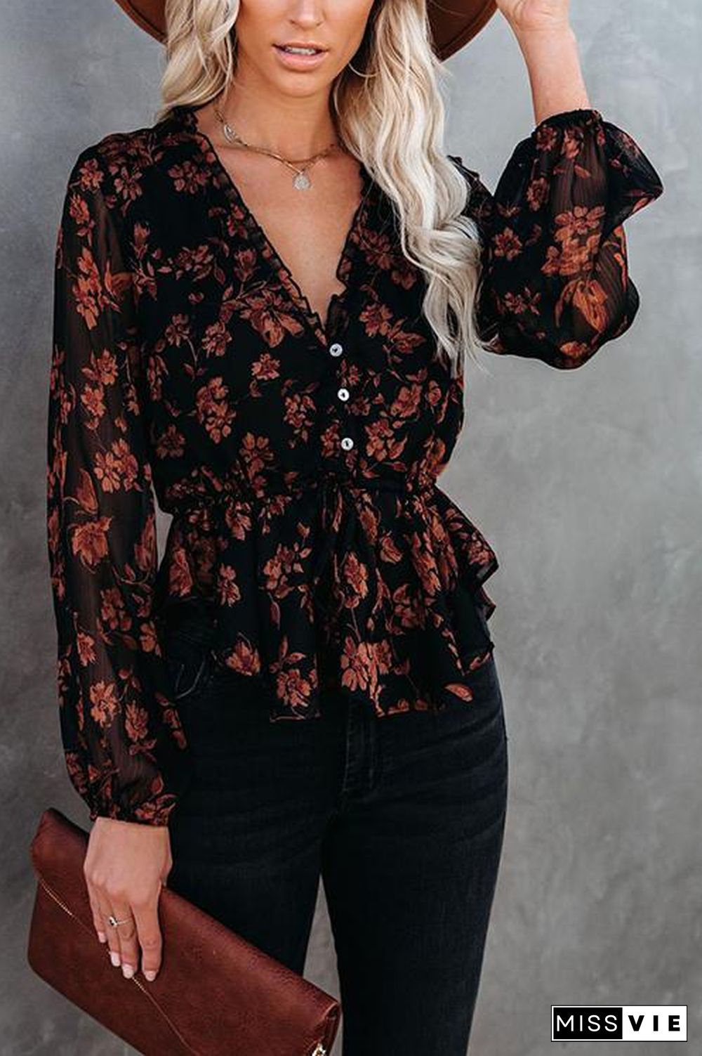 Flroal Print Button V Neck Blouse