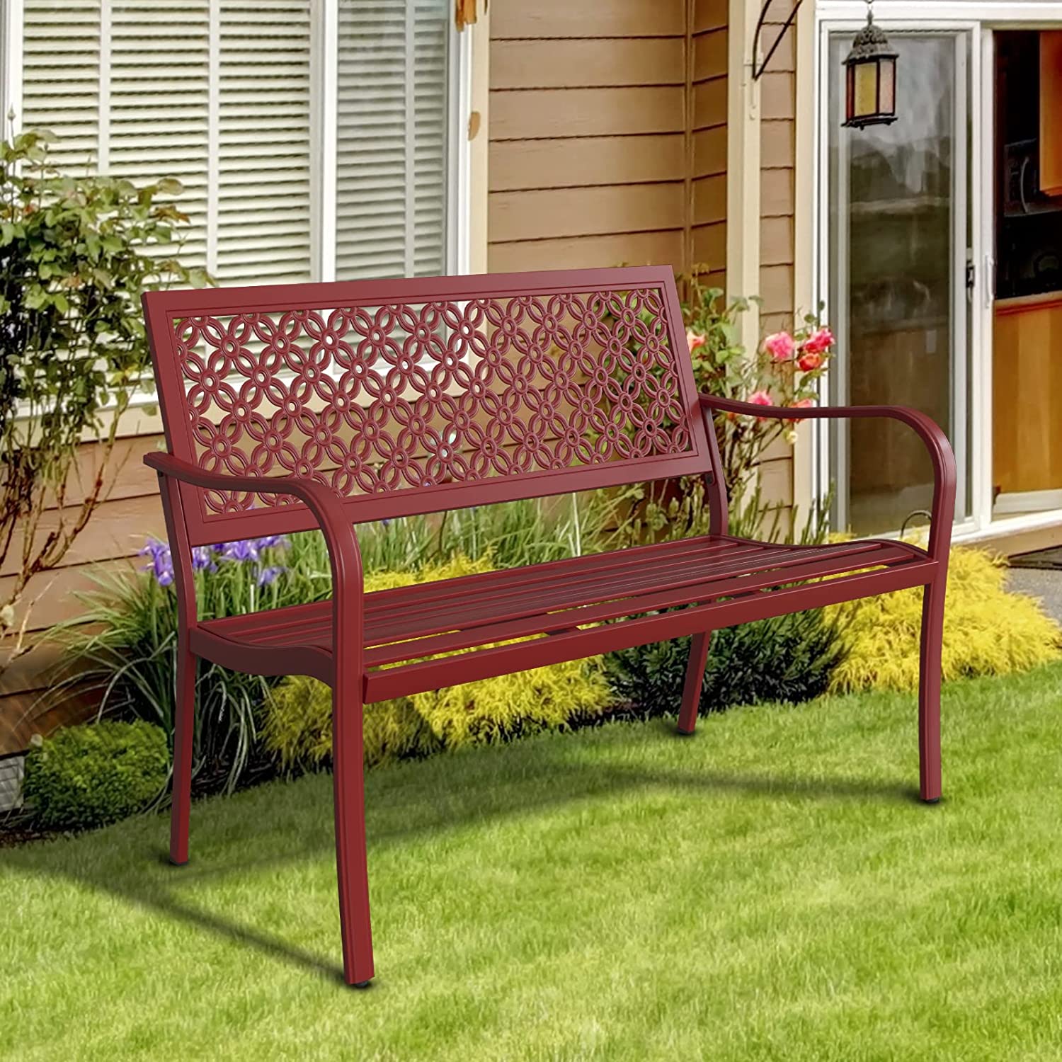 Grand Patio Garden Bench with Anti-Rust Steel Metal Frame,  Seating for 2-3 Person, Cherry Red