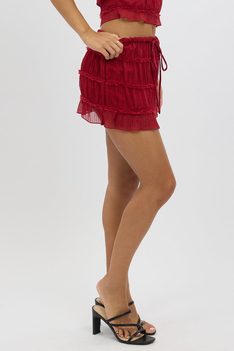 Red Mini Skirt Mid Rise Shirred Detail Lined Bloomers