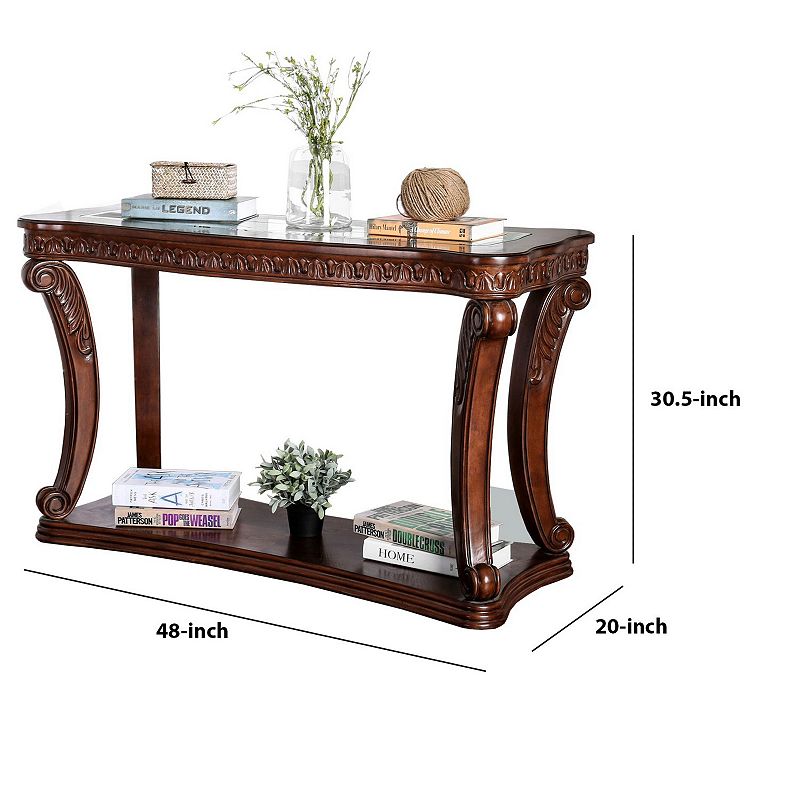 Traditional Sofa Table with Cabriole Legs and Wooden Carving， Brown