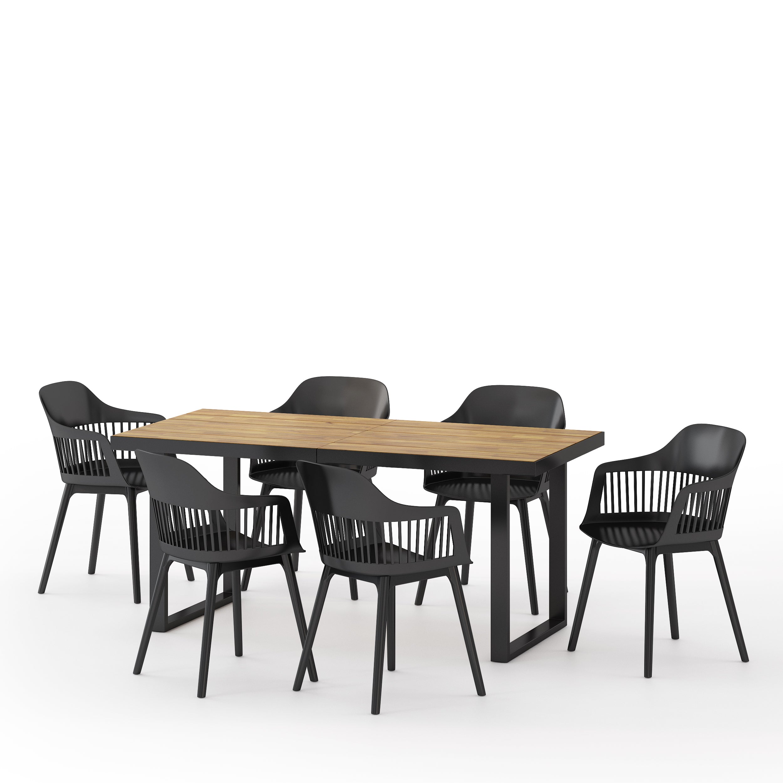 Flora Outdoor Wood and Resin 7 Piece Dining Set, Black and Teak