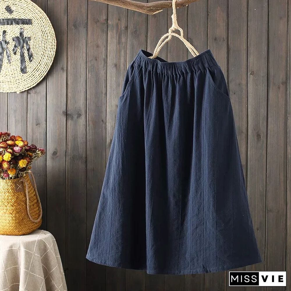 Cotton Linen Vertical Stripe Casual Skirt