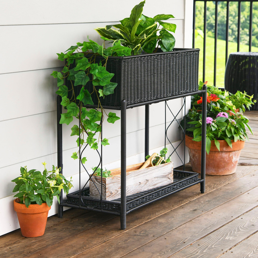 Raised Two Tier Plant Stand With Two Interchangeable Shelves   Tropical   Plant Stands And Telephone Tables   by Household Essentials  Houzz