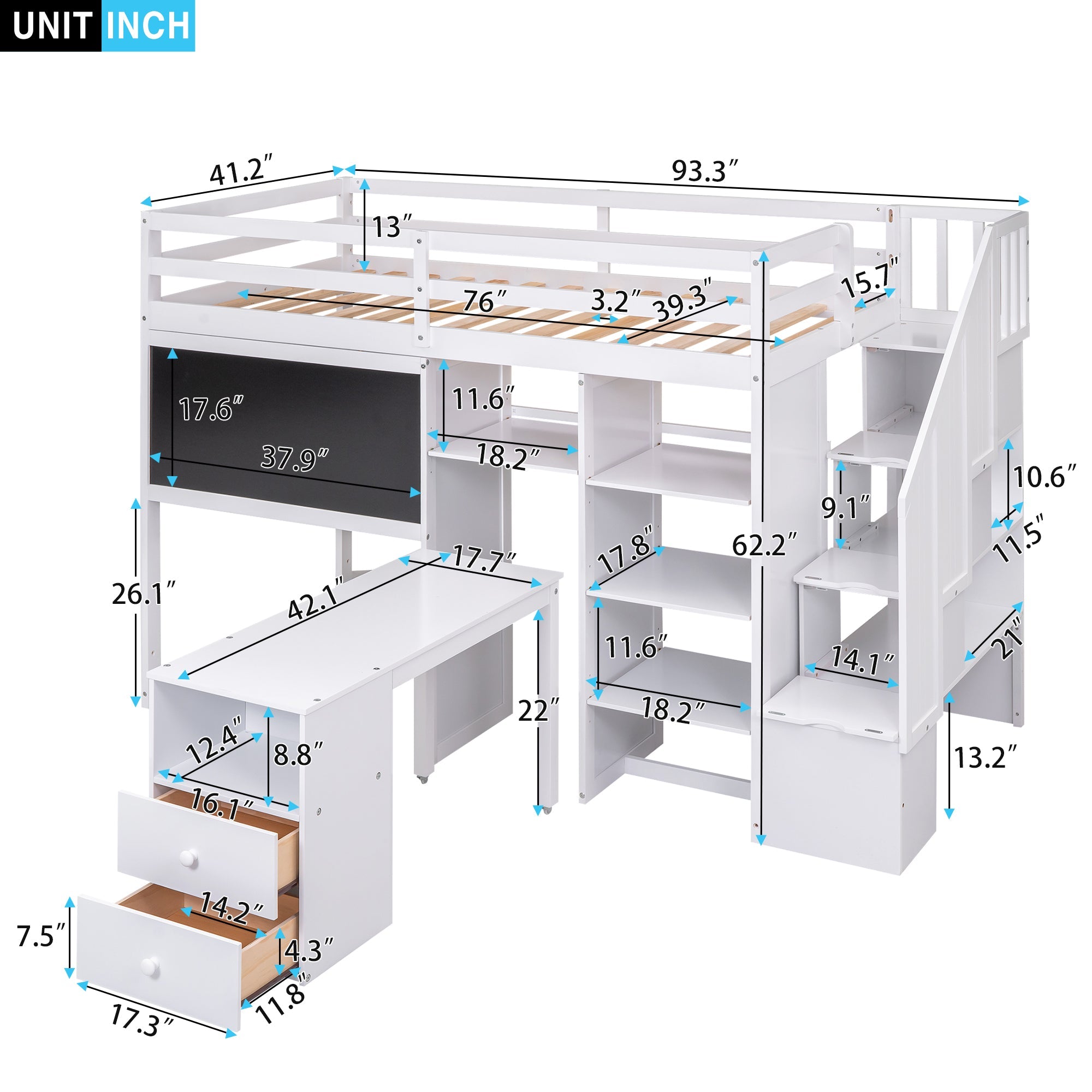 Pine Wood Loft Bed with Storage Staircase, Desk, Drawers and Blackboard for Kids, Twin, White