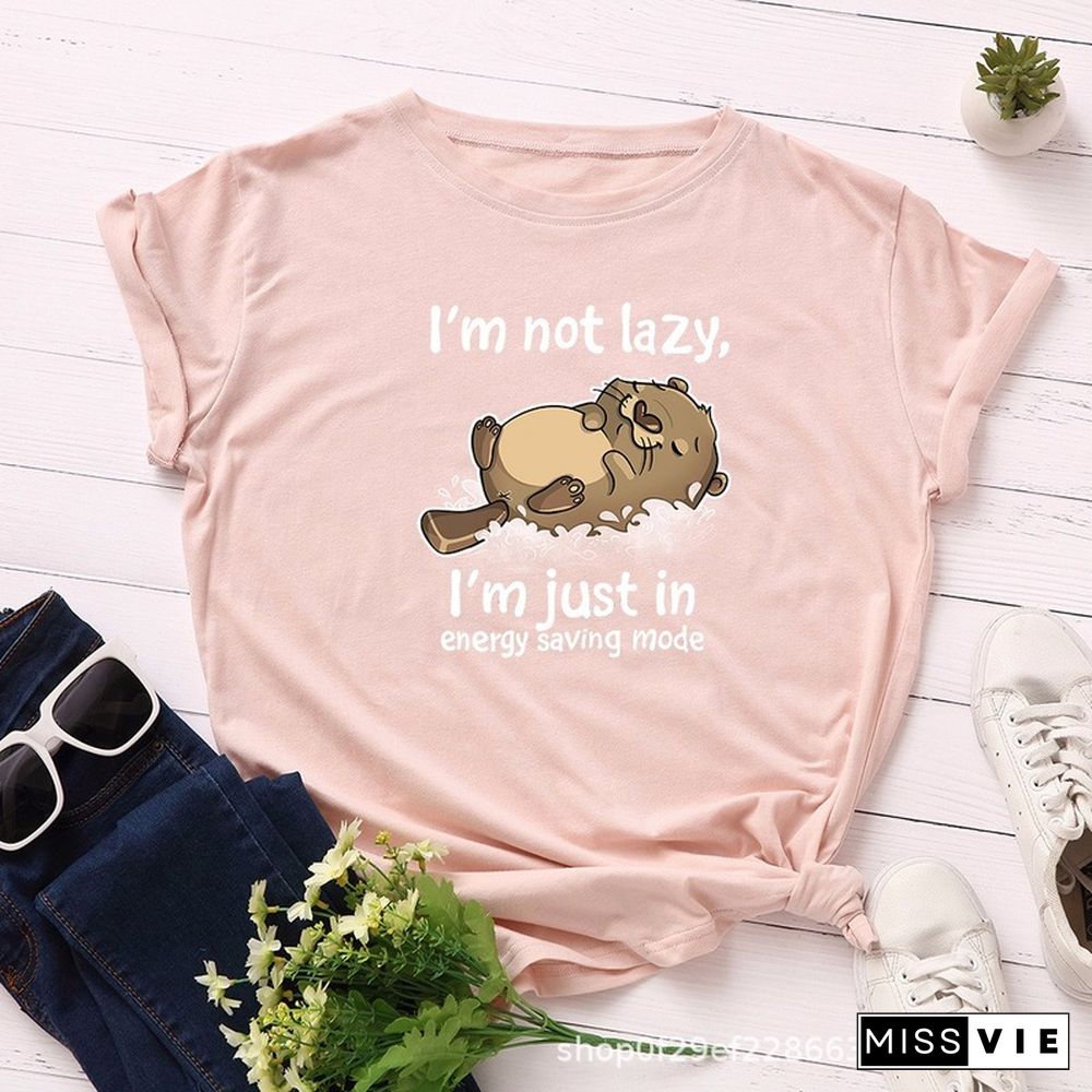 Women T Shirt Summer Cotton Versatile 5XL Short Sleeve Cute Cartoon Lazy Animal Letter Print Casual O Neck Female Tshirt Tee Top