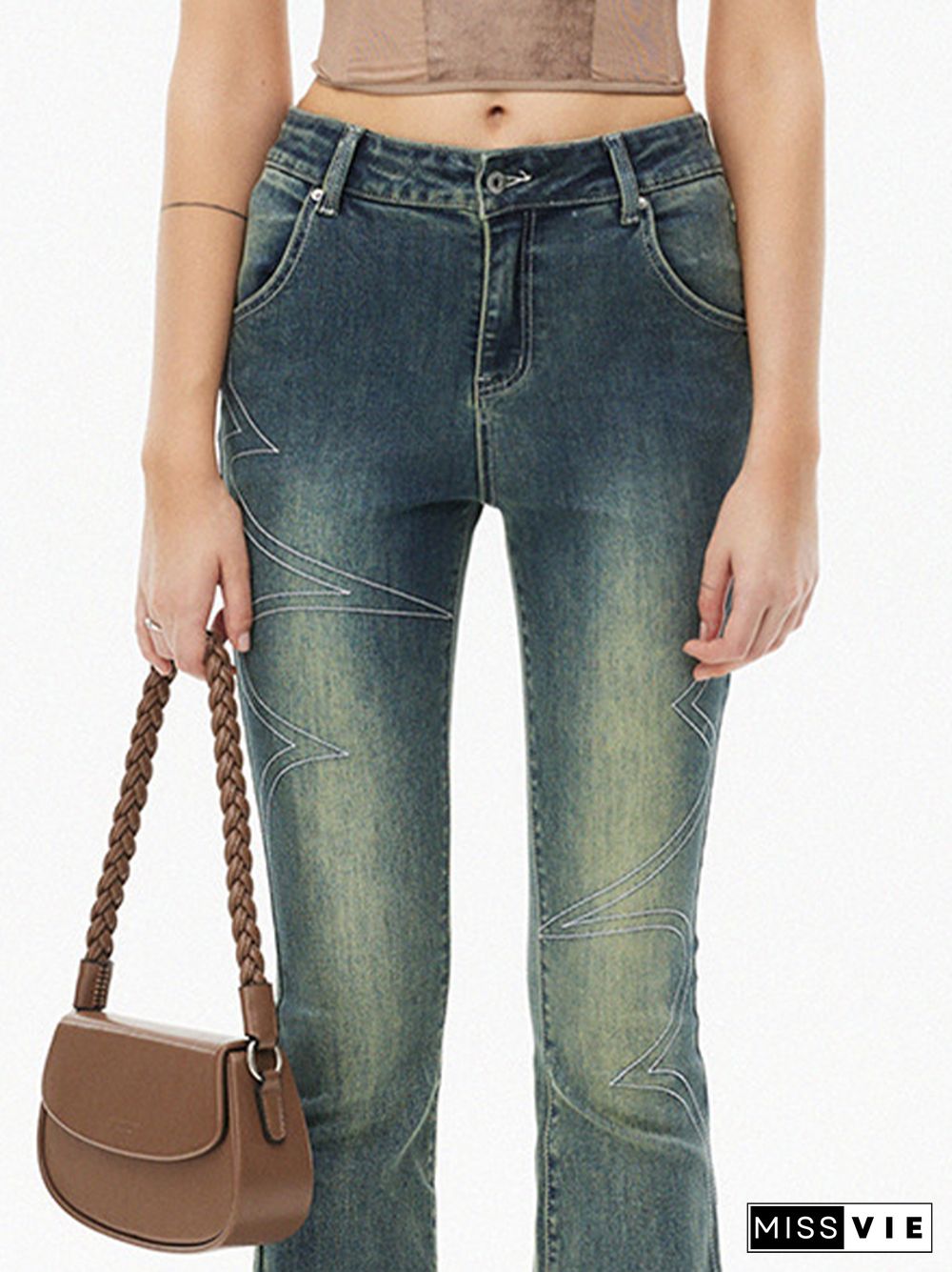 Line Embroidery Stretchy Flare Jeans