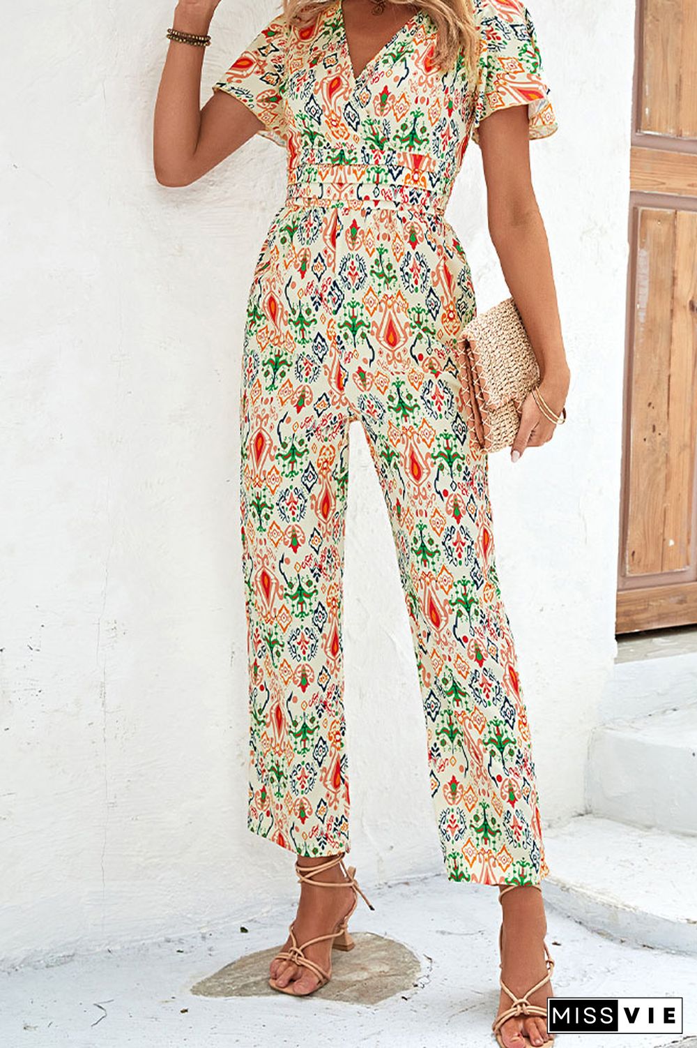 V Neck High Wasit Printed Jumpsuit