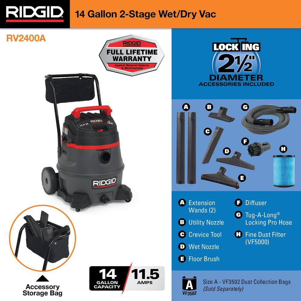 RIDGID 14 Gallon 2-Stage Commercial WetDry Shop Vacuum with Fine Dust Filter Professional Locking Hose and Accessories RV2400A