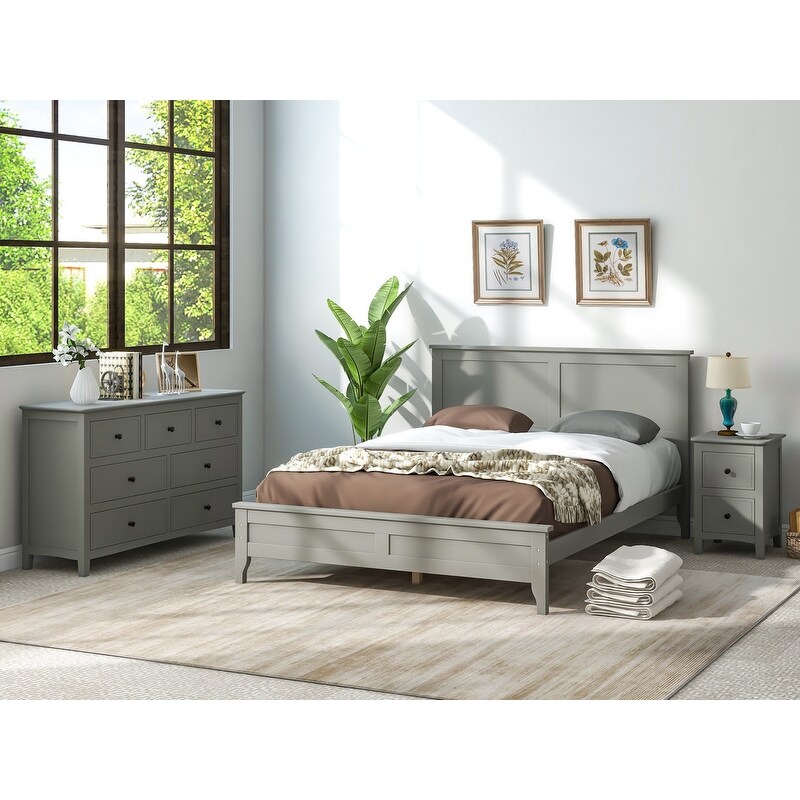 3 Pieces Wood Bedroom Sets w/ Platform Bed  Nightstand+ Dresser