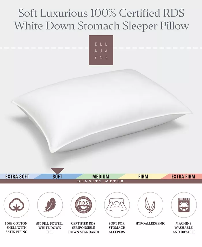 Ella Jayne White Down 100% Certified RDS Soft Density Stomach Sleeper Pillow， Standard