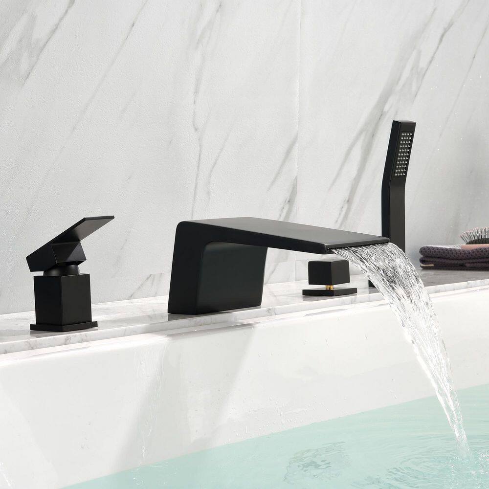 UKISHIRO Miko Double-Handle Deck Mount Roman Tub Faucet with Hand Shower in Matte Black SMD00JI22052710