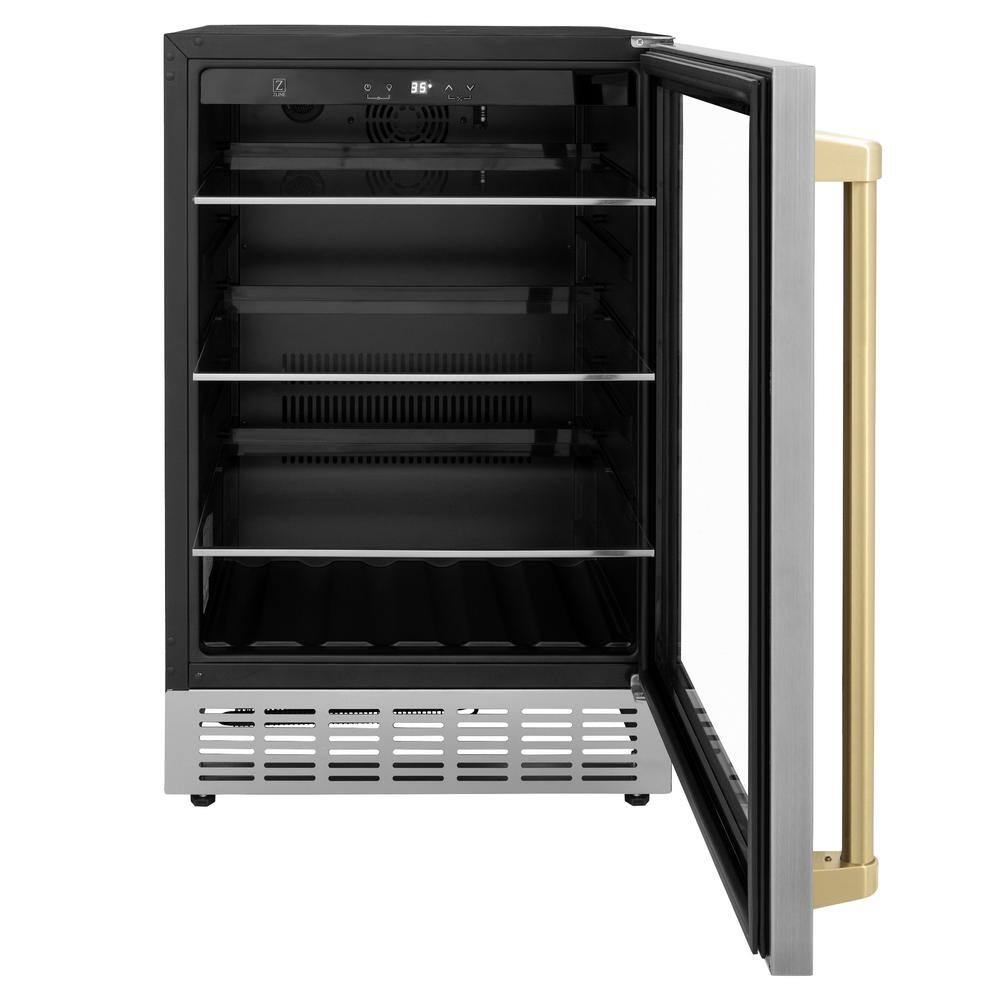 ZLINE Kitchen and Bath Monument Autograph Edition 24 in. Single Zone 154-Can Beverage Fridge with Champagne Bronze Handle in Stainless Steel RBVZ-US-24-CB