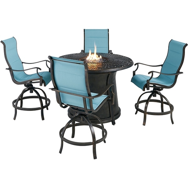 Hanover Traditions 5Piece HighDining Set in Blue with 4 Padded CounterHeight Swivel Chairs and 40，000 BTU Fire Pit Table