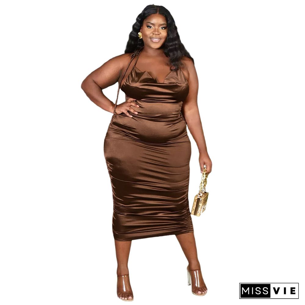 Plus Size Halter Backless Ruched Bodycon Party Dress