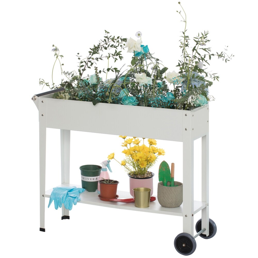 Mobile Planter Raised Garden Bed Rectangular Flower Cart with Shelf