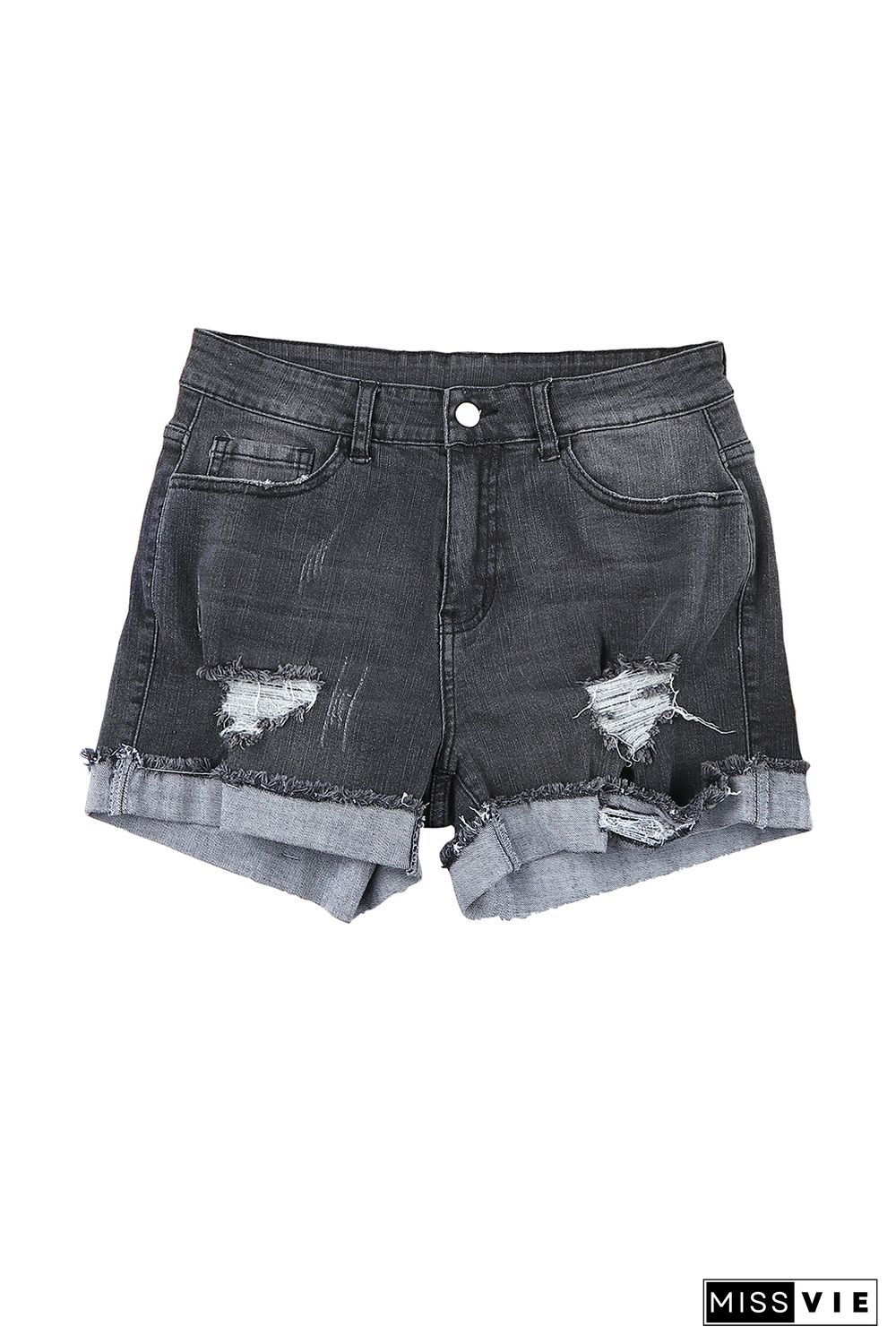 Distressed Ripped Rolled Hem Black Denim Shorts