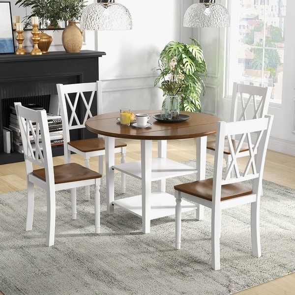 Gymax 5 Piece Round Dining Kitchen Set w/ Drop Leaf Dining Table