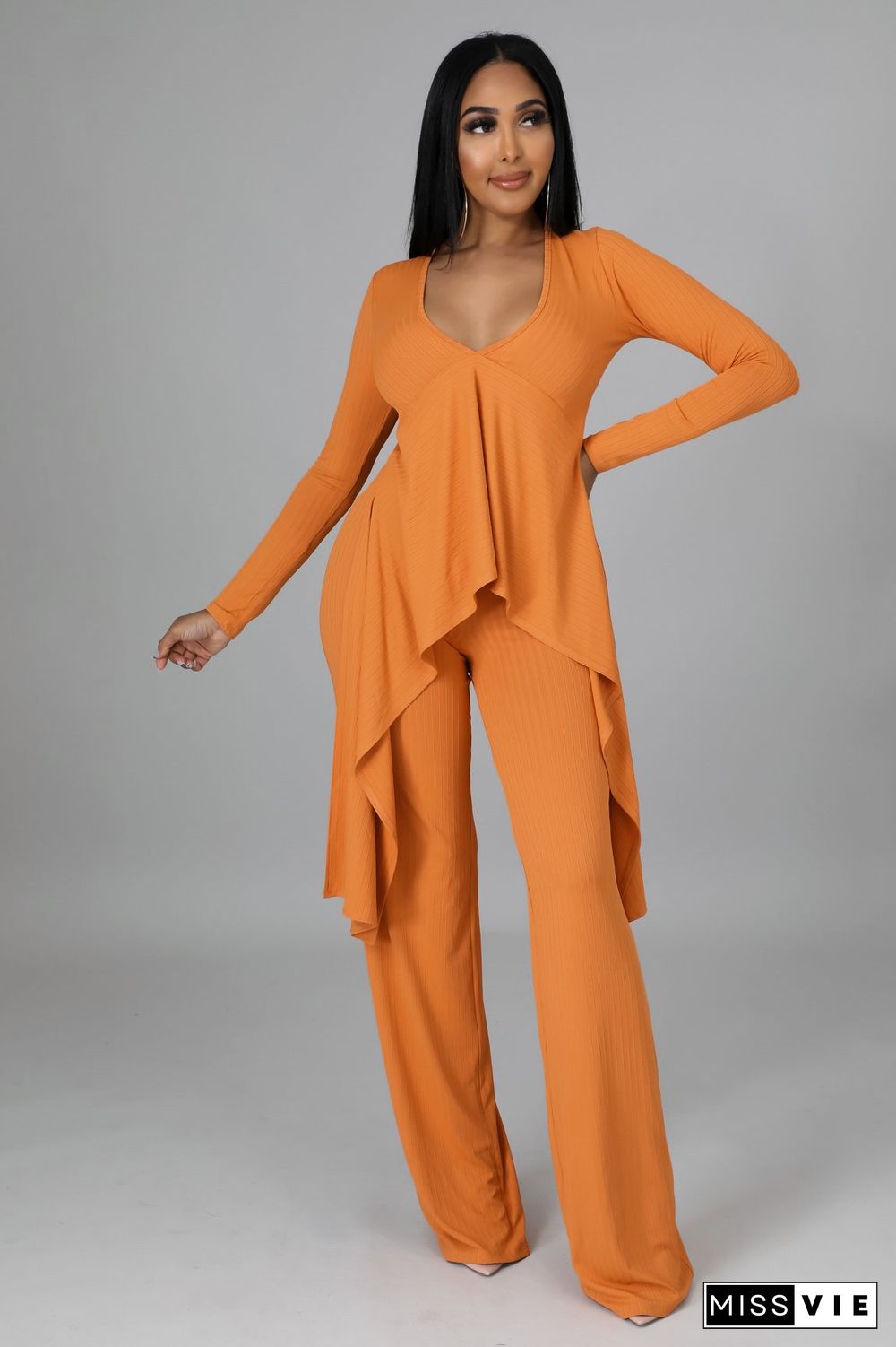 V Neck Irregular Top Straight-leg Pants Set