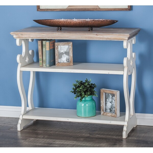 White or Black Wood Scroll Side Frames 2 Shelves Console Table with Brown Wood Top 38