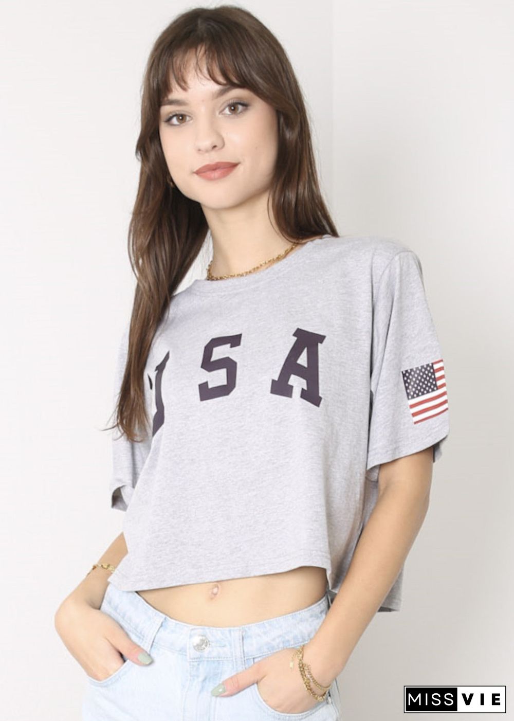 Anna-Kaci Women's Letter Print Crop Top Short Sleeve July 4th USA Flag T-Shirt