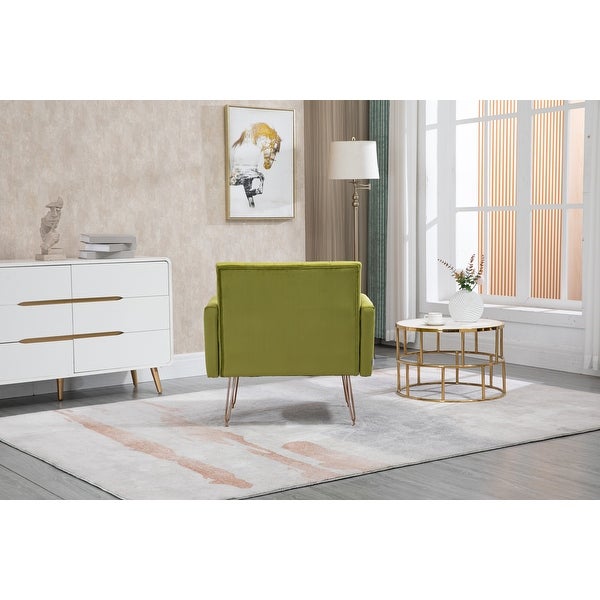 European Style Accent Chair， Velvet Upholstered Leisure Single Sofa with Rose Gold Feet for Living Room， Olive Green