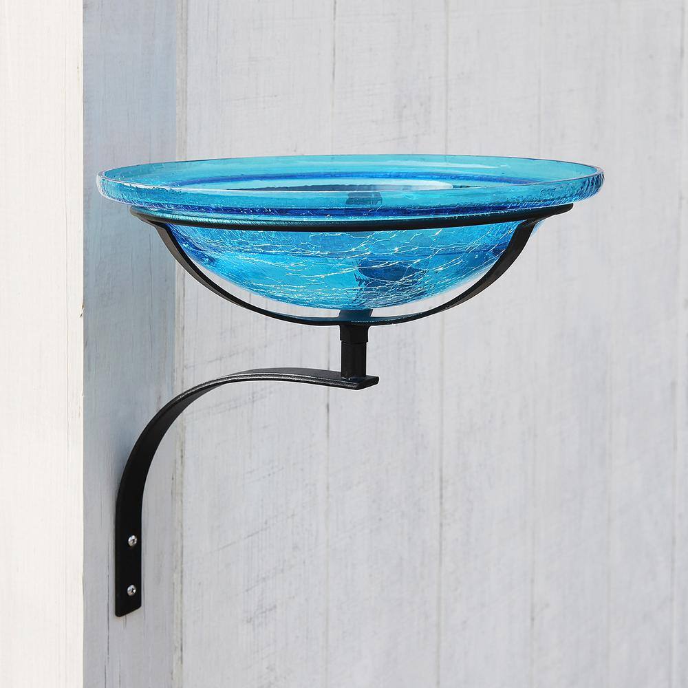 ACHLA DESIGNS 12.5 in. Dia Teal Blue Reflective Crackle Glass Birdbath Bowl with Wall Mount Bracket CGB-07T-WM