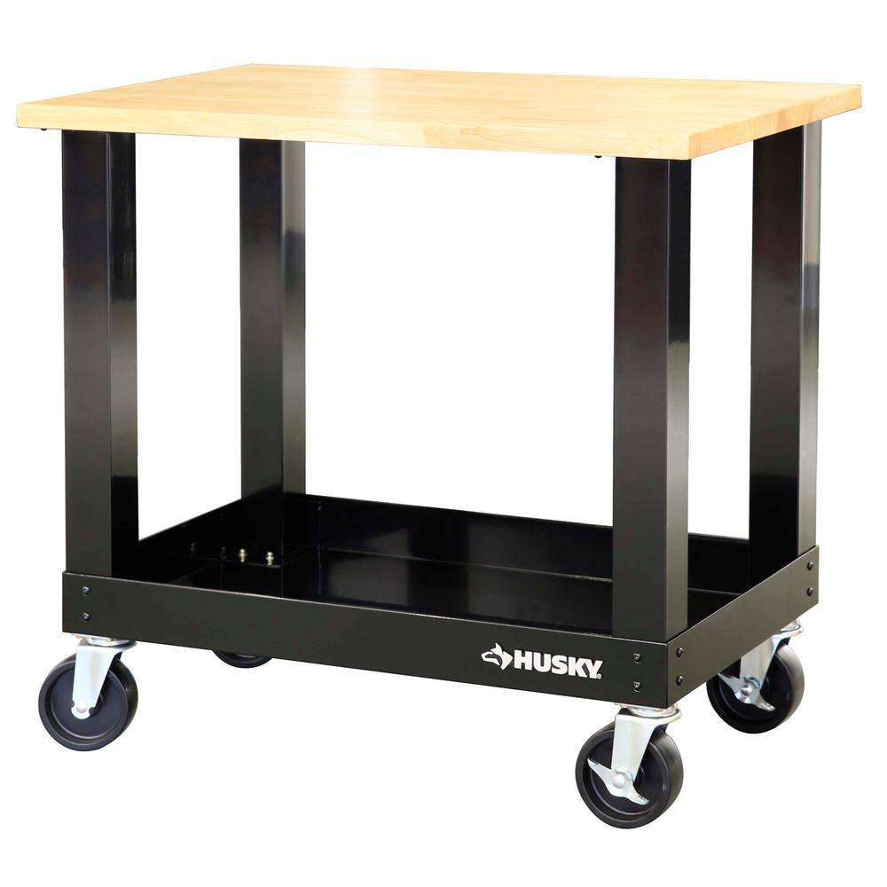 Husky Ready-To-Assemble 3 ft. Portable Solid Wood Top Workbench with Casters in Black G3600S-US