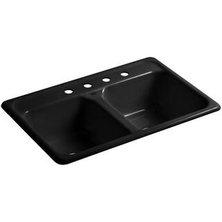 KOHLER Delafield Drop-In Cast Iron 33 in. 4-Hole Double Bowl Kitchen Sink in Black K-5817-4-7