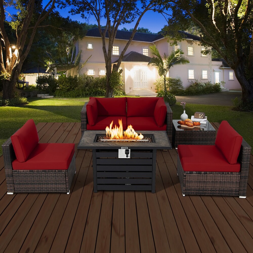 Costway 6PCS Patio Rattan Furniture Set 42'' Fire Pit Table Cover Sofa   See Details