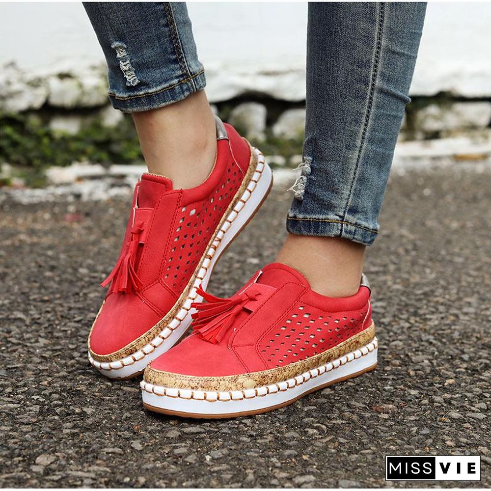 Women Slip On Hollow Out Flats Ladies Breathable Loafers Casual Platform Vulcanized Sewing Sneakers Shoes