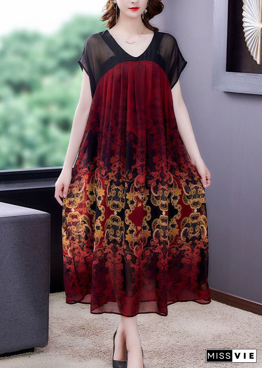 Red Patchwork Chiffon Vacation Dresses Exra Large Hem Print Summer