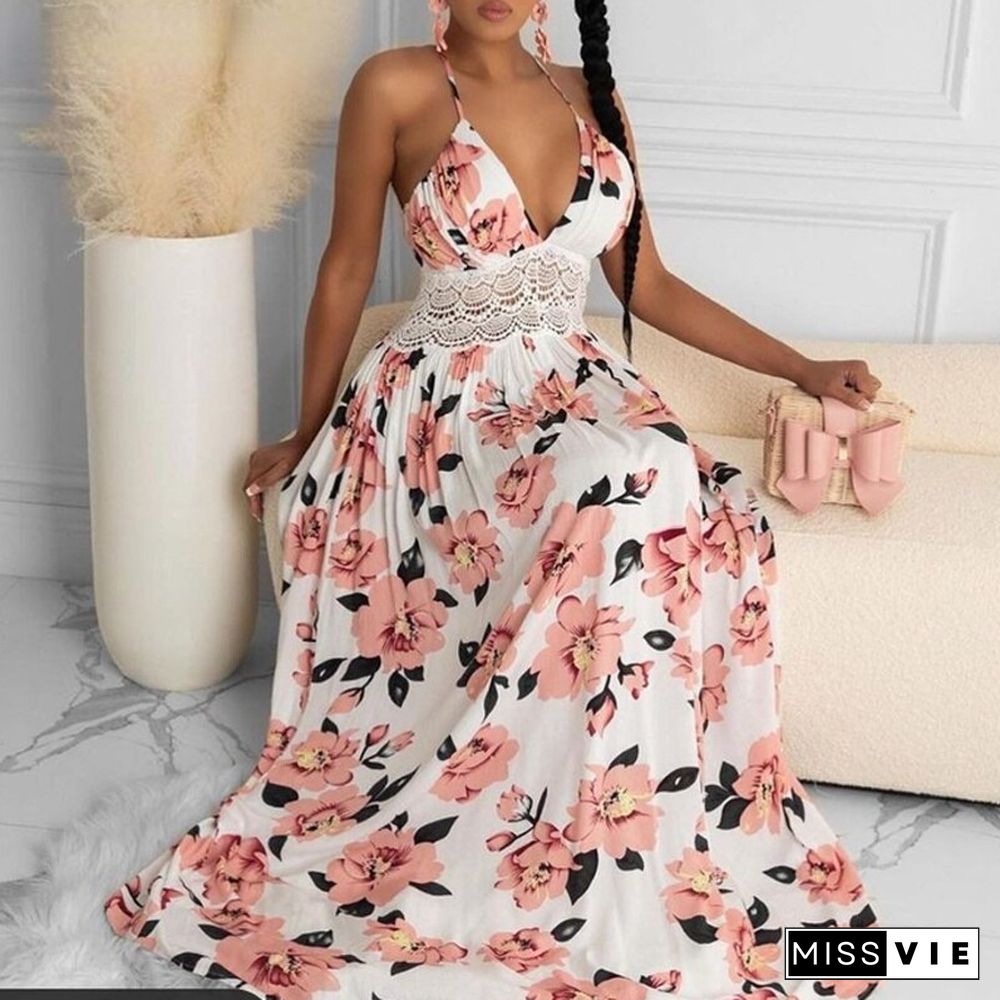 Women Dress Halter Floral Print Crisscross Backless Maxi Dress