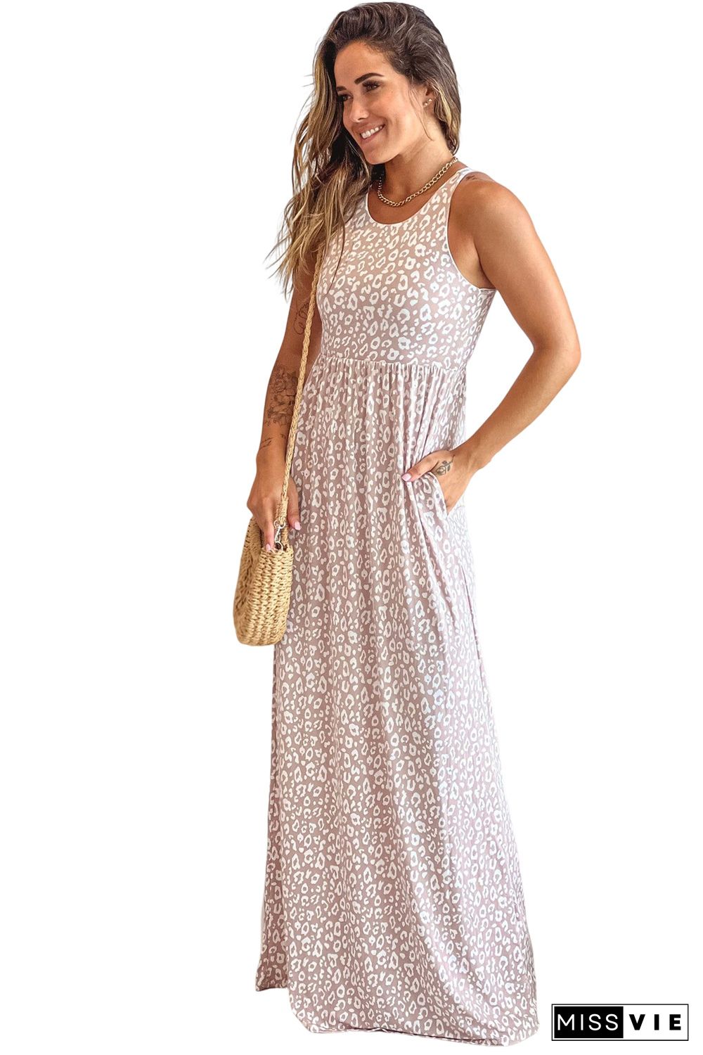 Pink Leopard Print Pocketed Sleeveless Maxi Dress