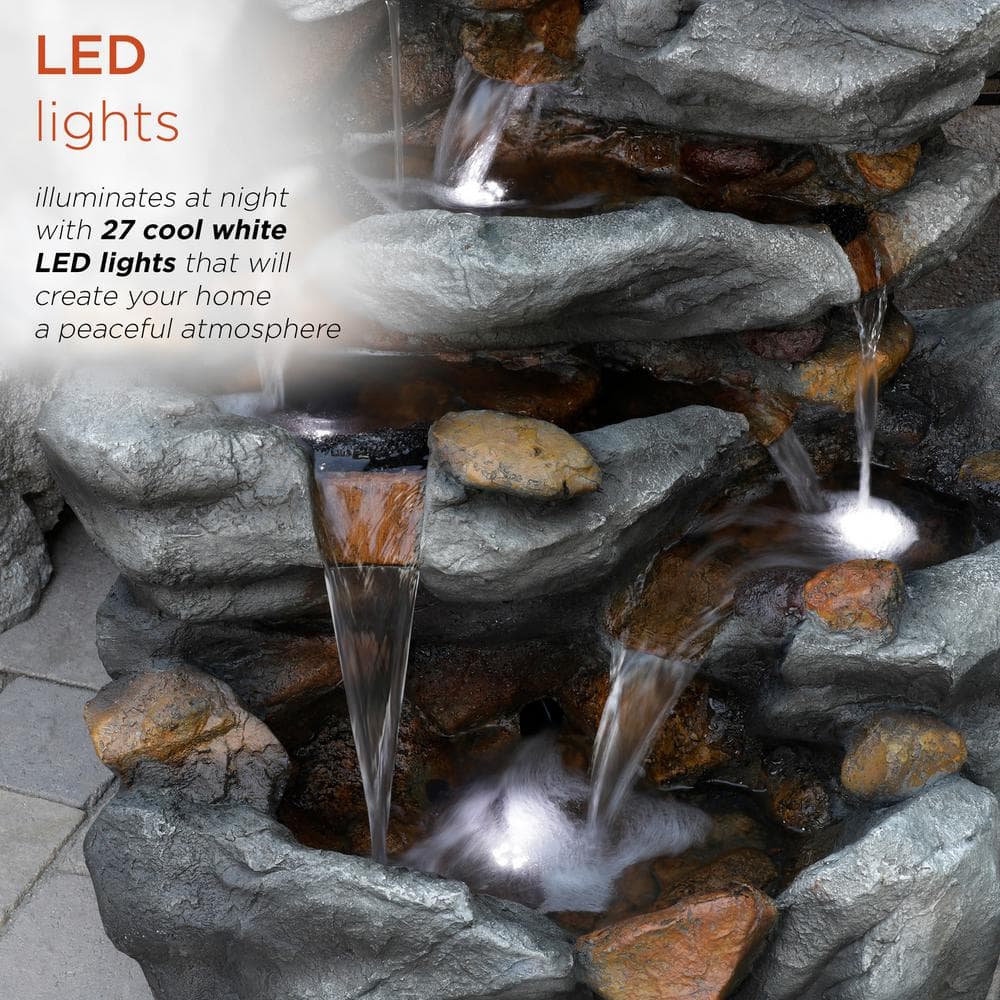 Alpine Corporation 50 in. Tall Outdoor 8-Tier Rock Waterfall Fountain with LED Lights, Grey TZL130