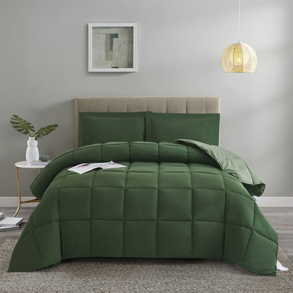 HIG Traditional All Season 3-Piece Comforter Set， Down Alternative Filling， Queen， Green