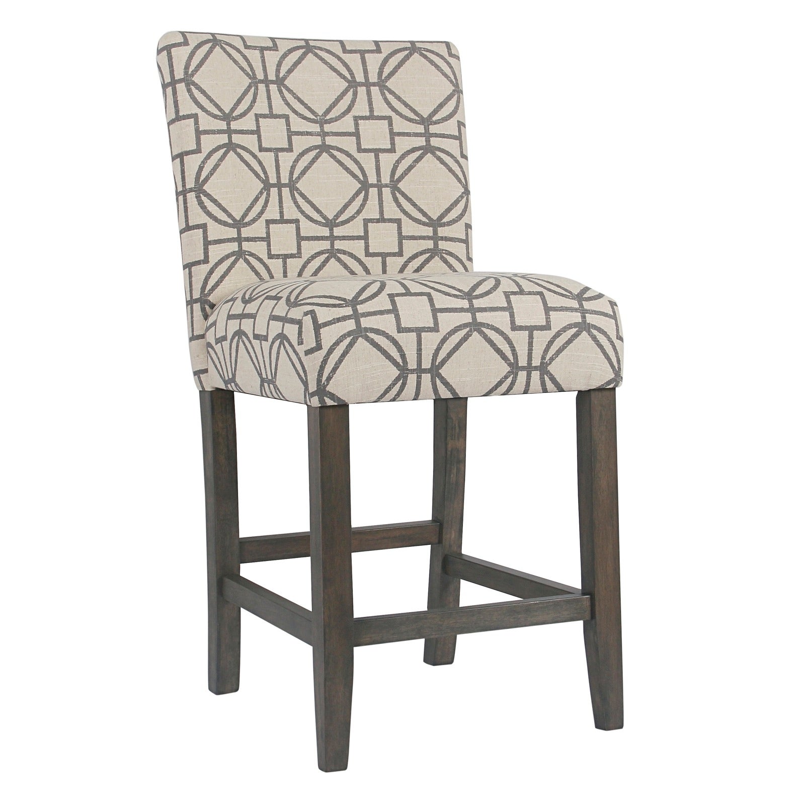 Wooden 24 Inch Counter Height Stool with Trellis Pattern Fabric Upholstery， Cream and Gray